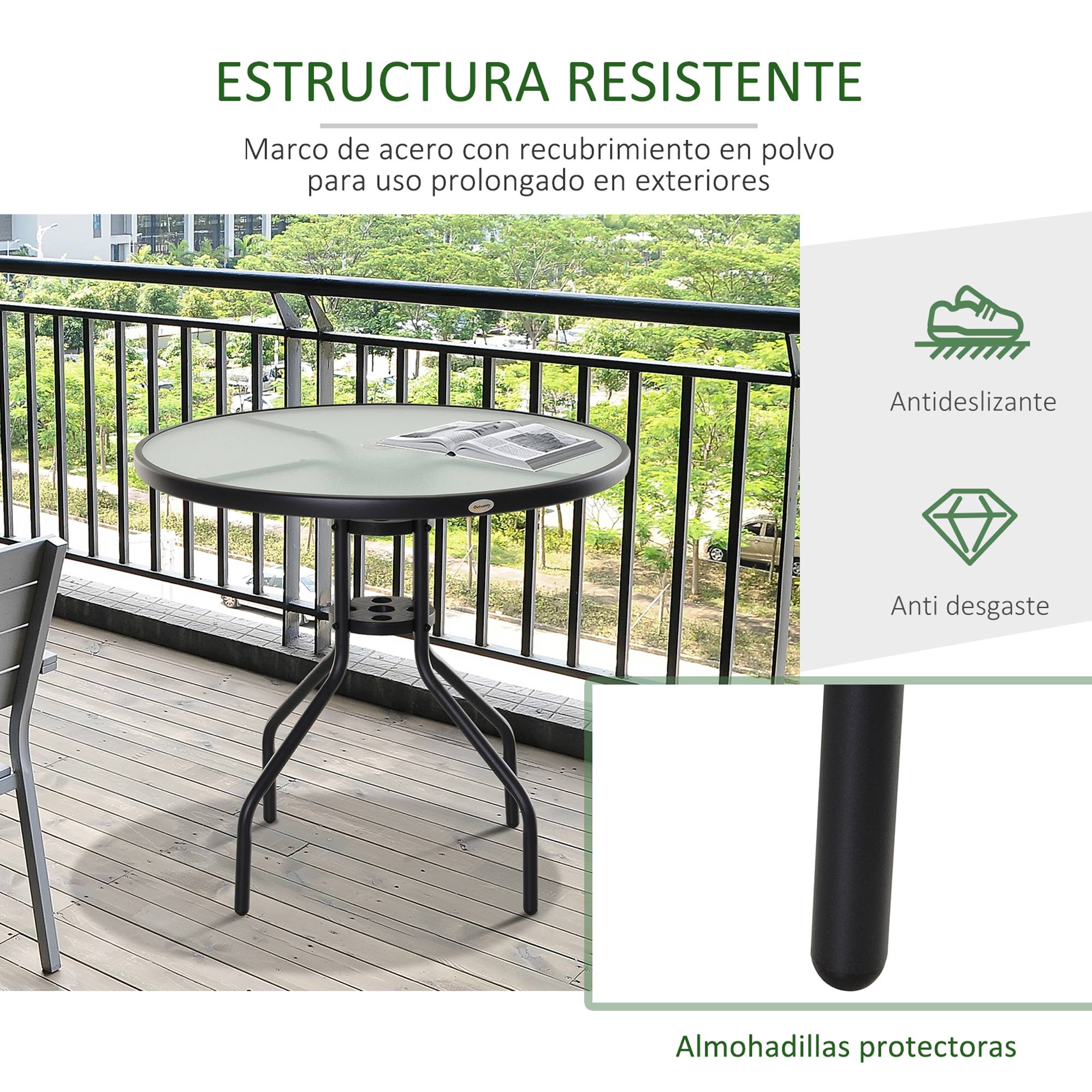 Table à manger jardin métal verre extérieur trou pour parasol 80x72cm noir - ComfortXL Outdoor Living - Image 8