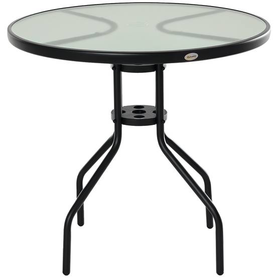 Table à manger jardin métal verre extérieur trou pour parasol 80x72cm noir - ComfortXL Outdoor Living - Image 1