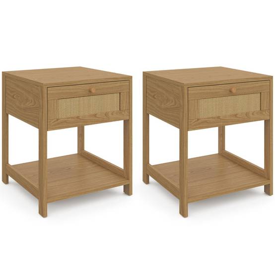 Lot de 2 tables de chevet HANAE vintage 1 tiroir avec tablette effet naturel cannage - Image 2