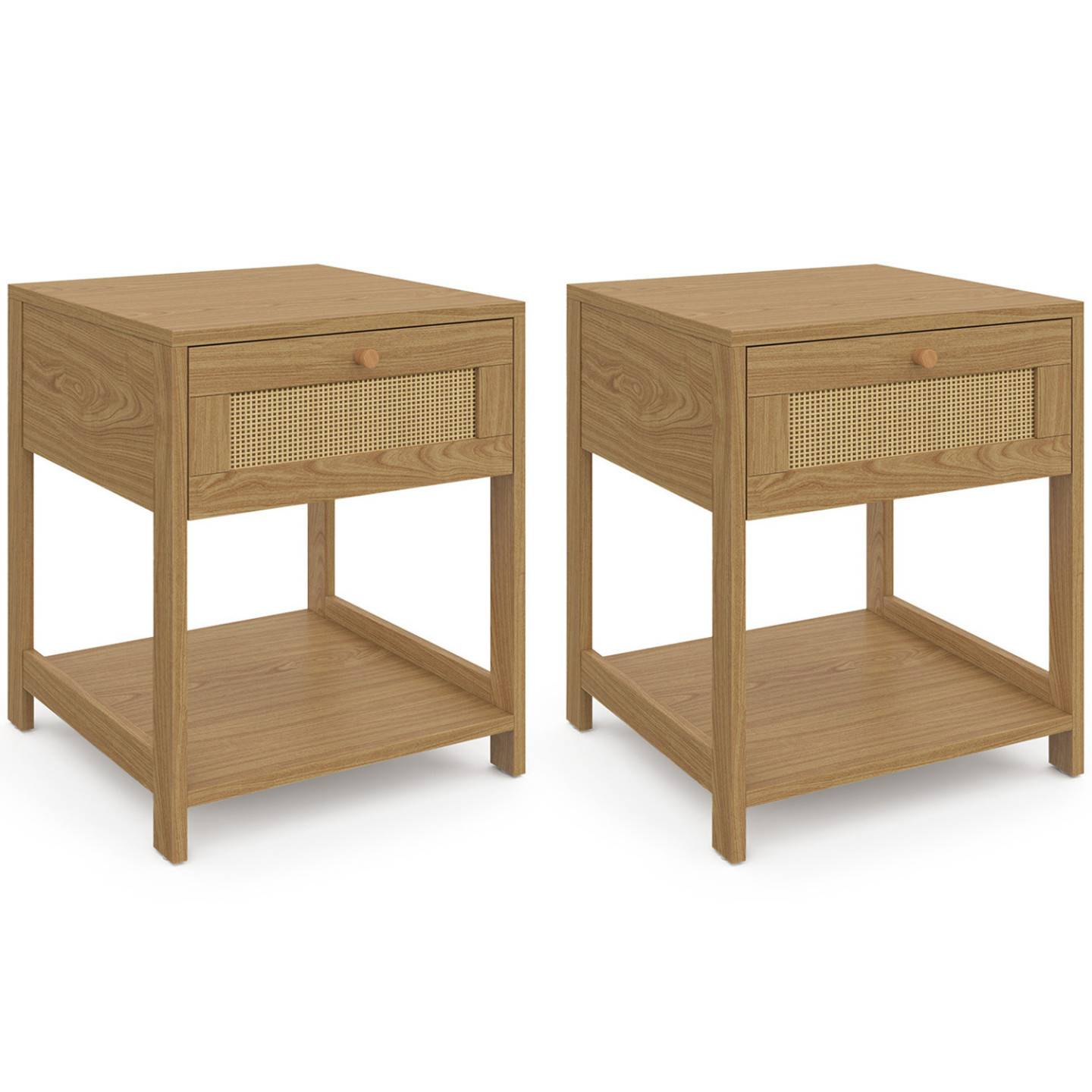 Lot de 2 tables de chevet HANAE vintage 1 tiroir avec tablette effet naturel cannage - Image 2
