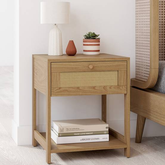 Lot de 2 tables de chevet HANAE vintage 1 tiroir avec tablette effet naturel cannage - Image 1