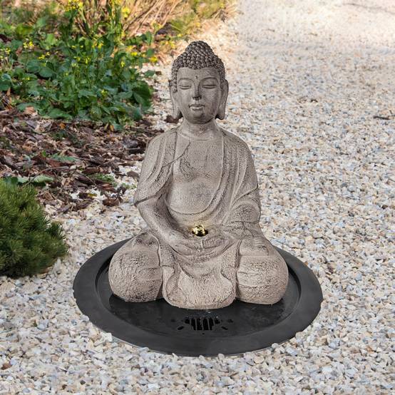 Fontaine de jardin Bouddha avec LED et pompe 250L/h Art-Pond polyrésine gris 52x52x68 cm - Image 1