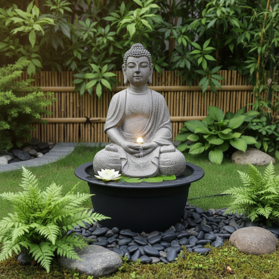 Fontaine de jardin Bouddha avec LED et pompe 250L/h Art-Pond polyrésine gris 52x52x68 cm - Image 2