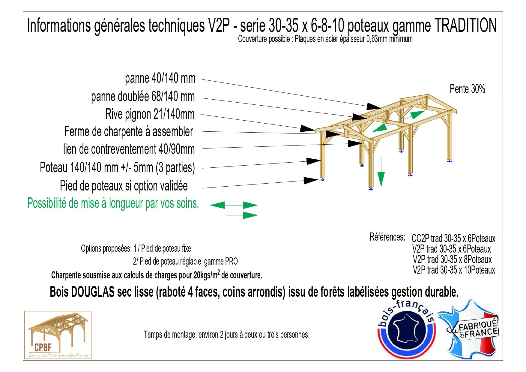 Cpbf Charpentes - Carport bois 2 pentes en bois douglas 18 m² avec 6 pieds de poteau fixes. Abri voiture extérieur. garantie 10 ans - Image 3