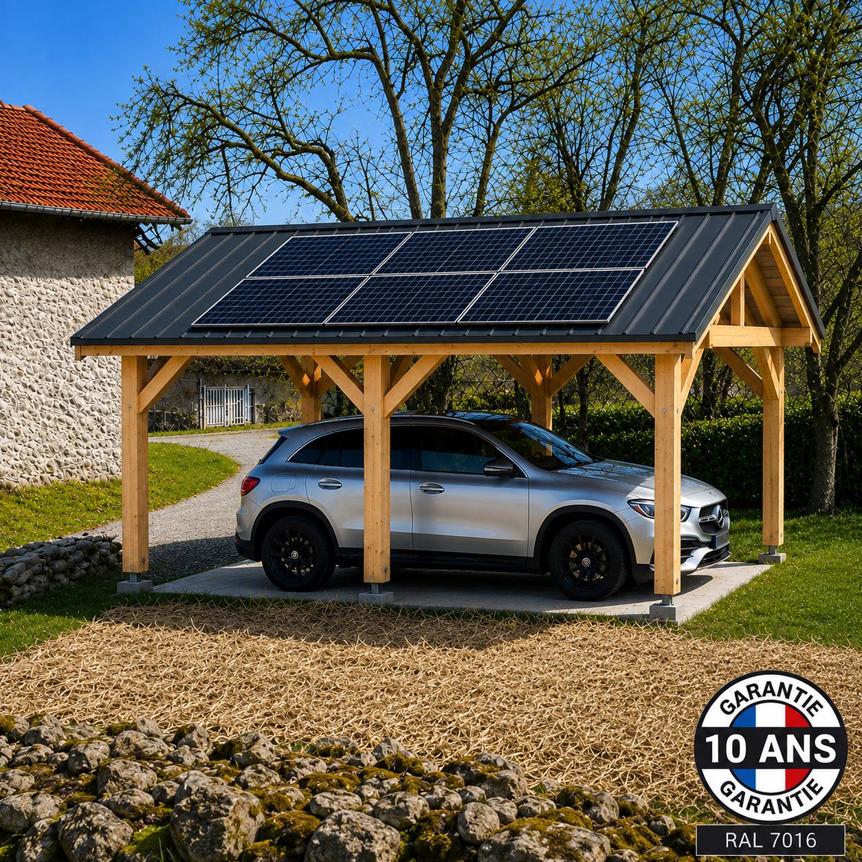 Cpbf Charpentes - Carport bois 2 pentes en bois douglas 18 m² avec 6 pieds de poteau fixes. Abri voiture extérieur. garantie 10 ans - Image 8