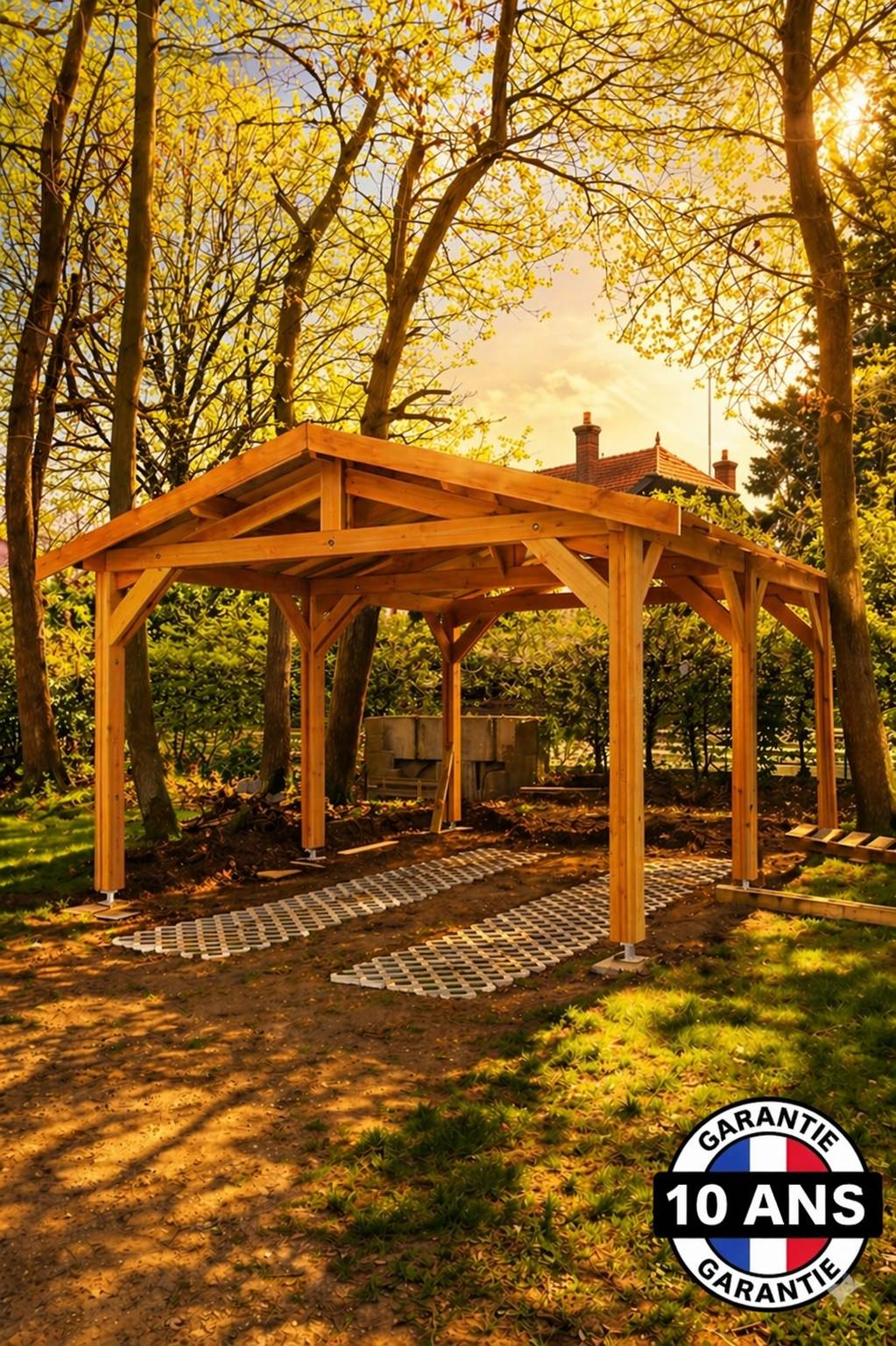 Carport bois 2 pentes en bois douglas 18 m² avec 6 pieds de poteau fixes. Abri voiture extérieur. garantie 10 ans - Image 7