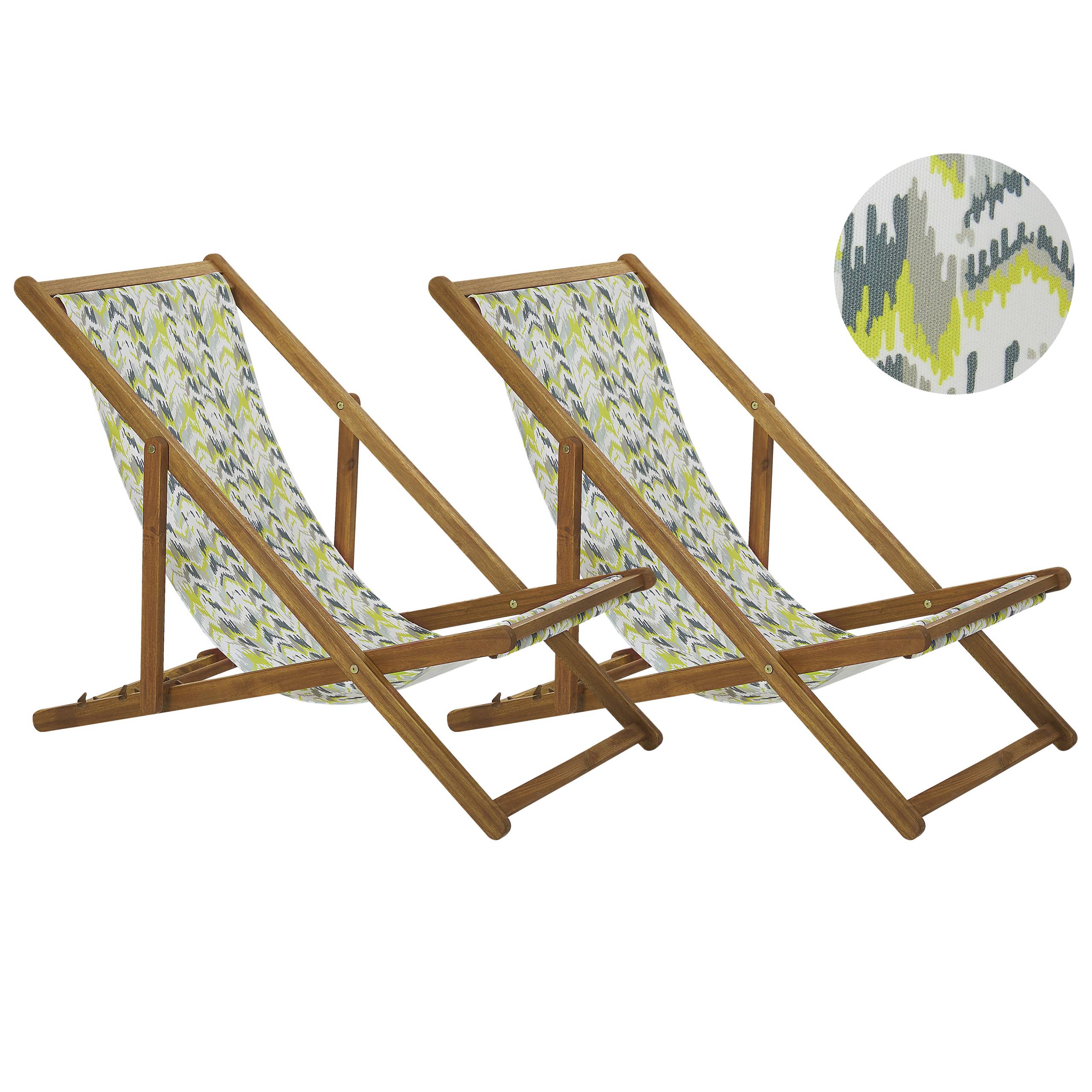 Beliani - 2 Transats Chaises Chiliennes Pliantes et Réglables en Bois d'Acacia Clair et Tissu Jaune et Gris avec Toiles de Remplacement - Imagen 1