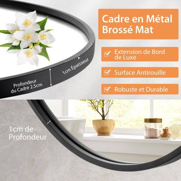 Helloshop26 - Miroir rond 61 cm miroir mural avec cadre en métal mat brossé antirouille pour décoration minimaliste moderne noir - Imagen 3