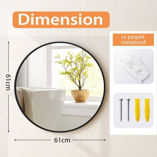Helloshop26 - Miroir rond 61 cm miroir mural avec cadre en métal mat brossé antirouille pour décoration minimaliste moderne noir - Imagen 5