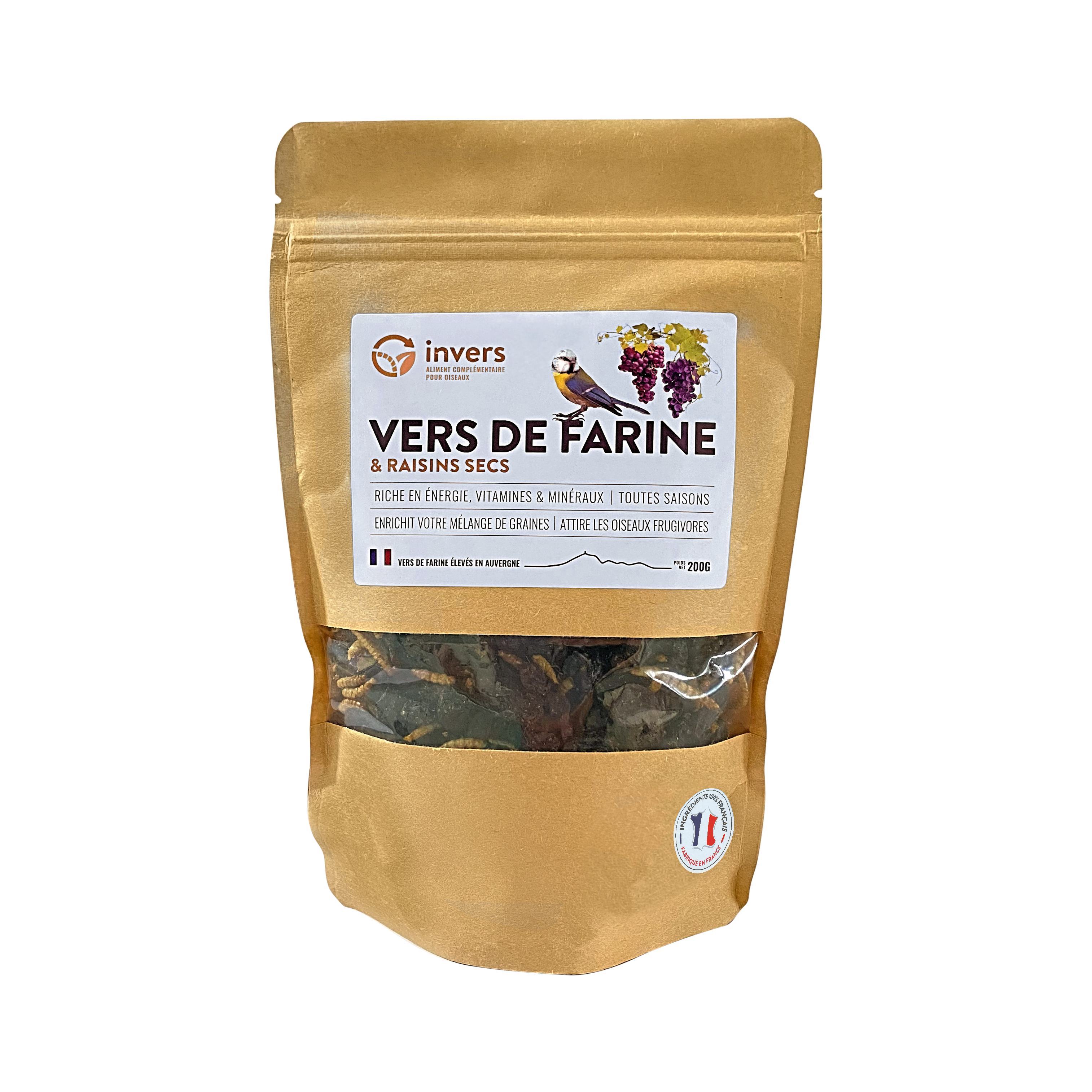 Mélange de vers de farine et de raisins secs pour oiseaux 200g - Invers - Imagen 1