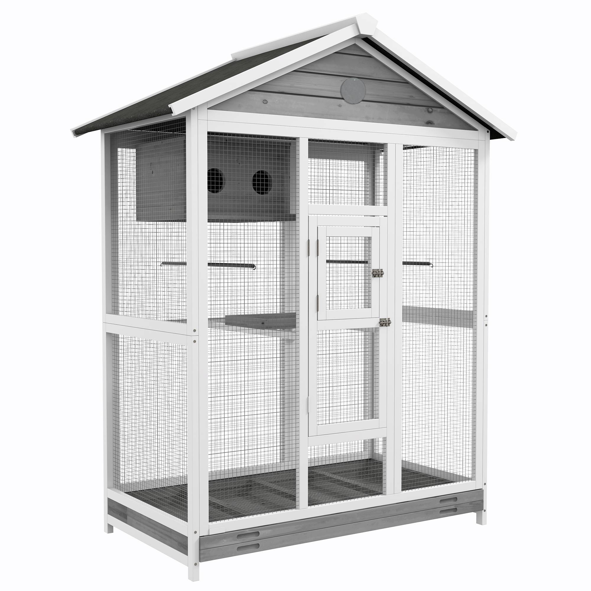 ComfortXL - Volière oiseaux en sapin et acier blanc gris noir 112 x 68 x 154 cm intérieur extérieur toit asphalté avec perchoirs - Image 10