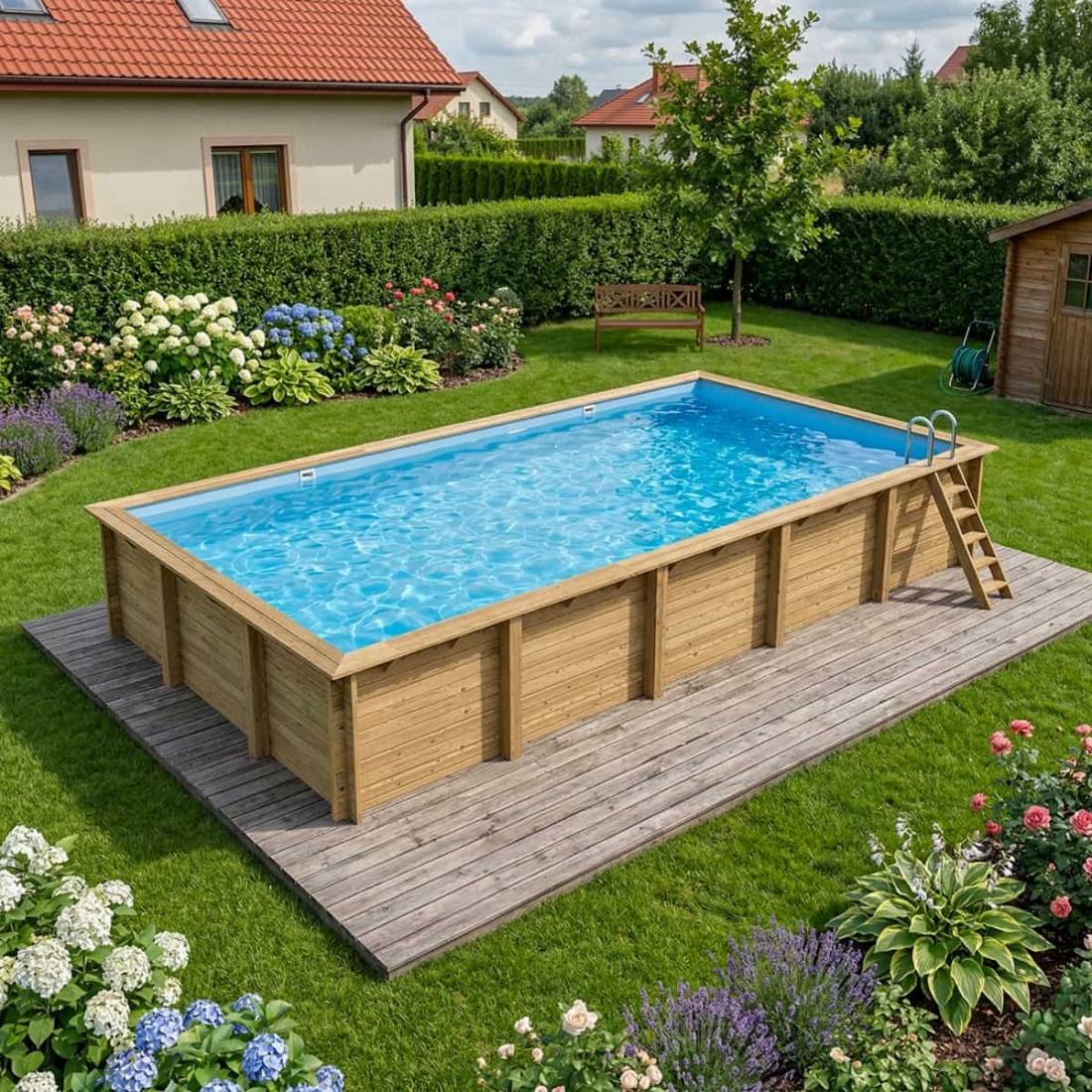 Altanka - Piscine hors sol en bois AQUA 10.2 x 5.2 - H.1.45 m, bleu pâle, fixations à visser - BAS7310OSPL - ALTANKA - Image 2