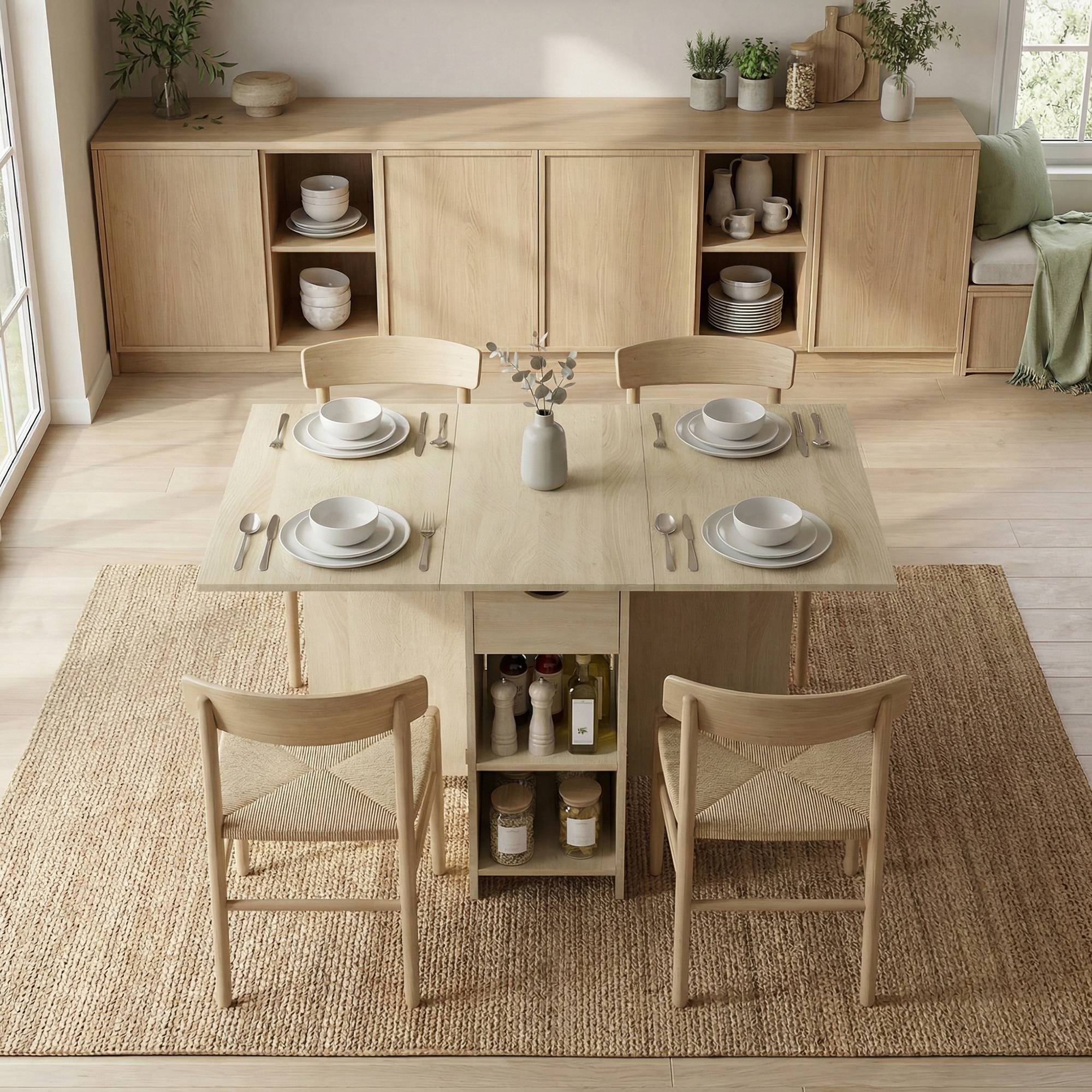 Table de salle à manger pliante 2 à 4 personnes, roulante avec compartiment et tiroir, gain de place, naturelle - Image 9