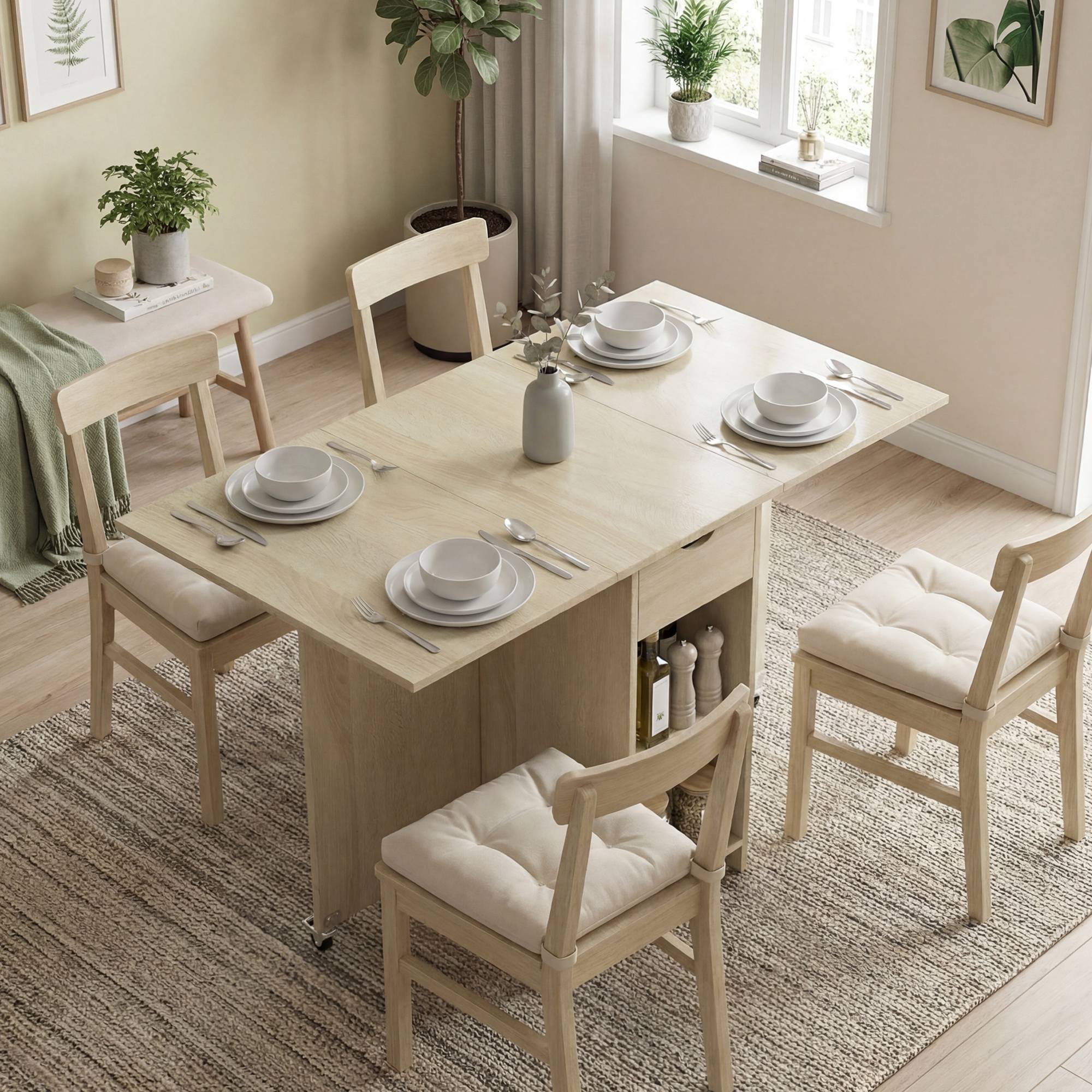 Table de salle à manger pliante 2 à 4 personnes, roulante avec compartiment et tiroir, gain de place, naturelle - Image 3