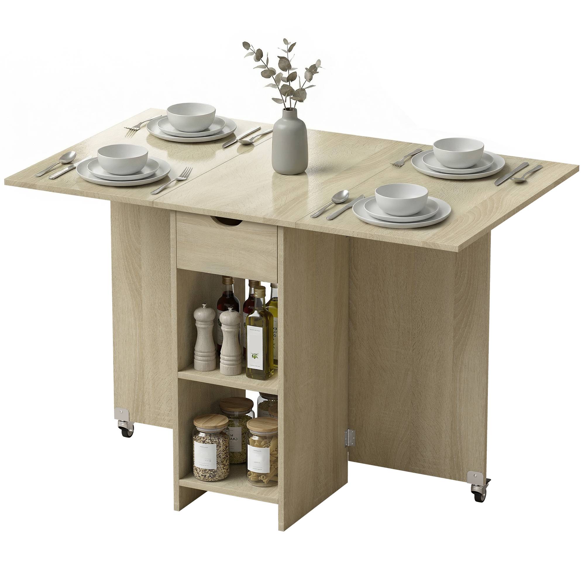 Table de salle à manger pliante 2 à 4 personnes, roulante avec compartiment et tiroir, gain de place, naturelle - Image 2