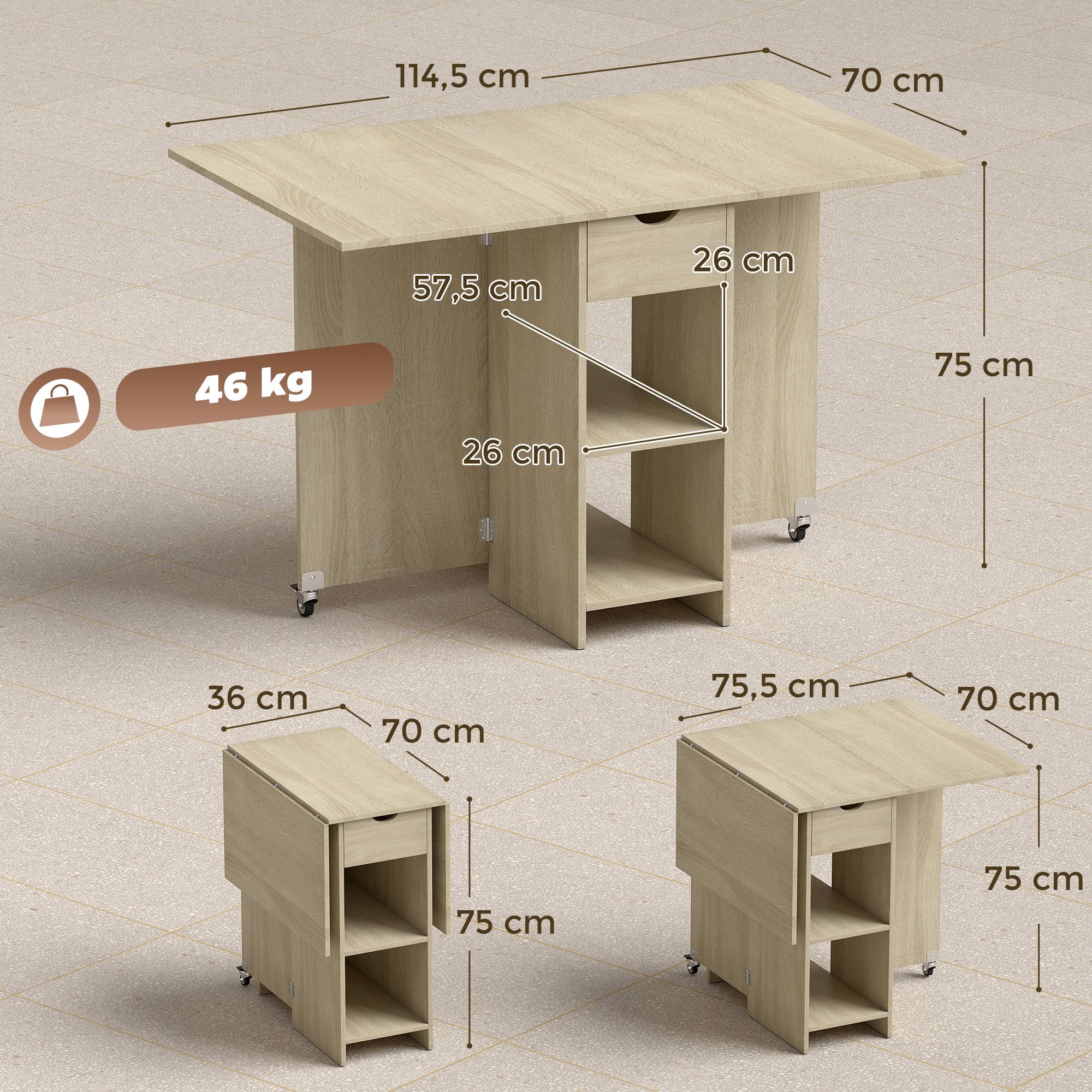 Table de salle à manger pliante 2 à 4 personnes, roulante avec compartiment et tiroir, gain de place, naturelle - Image 5