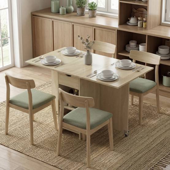 Table de salle à manger pliante 2 à 4 personnes, roulante avec compartiment et tiroir, gain de place, naturelle - Image 4