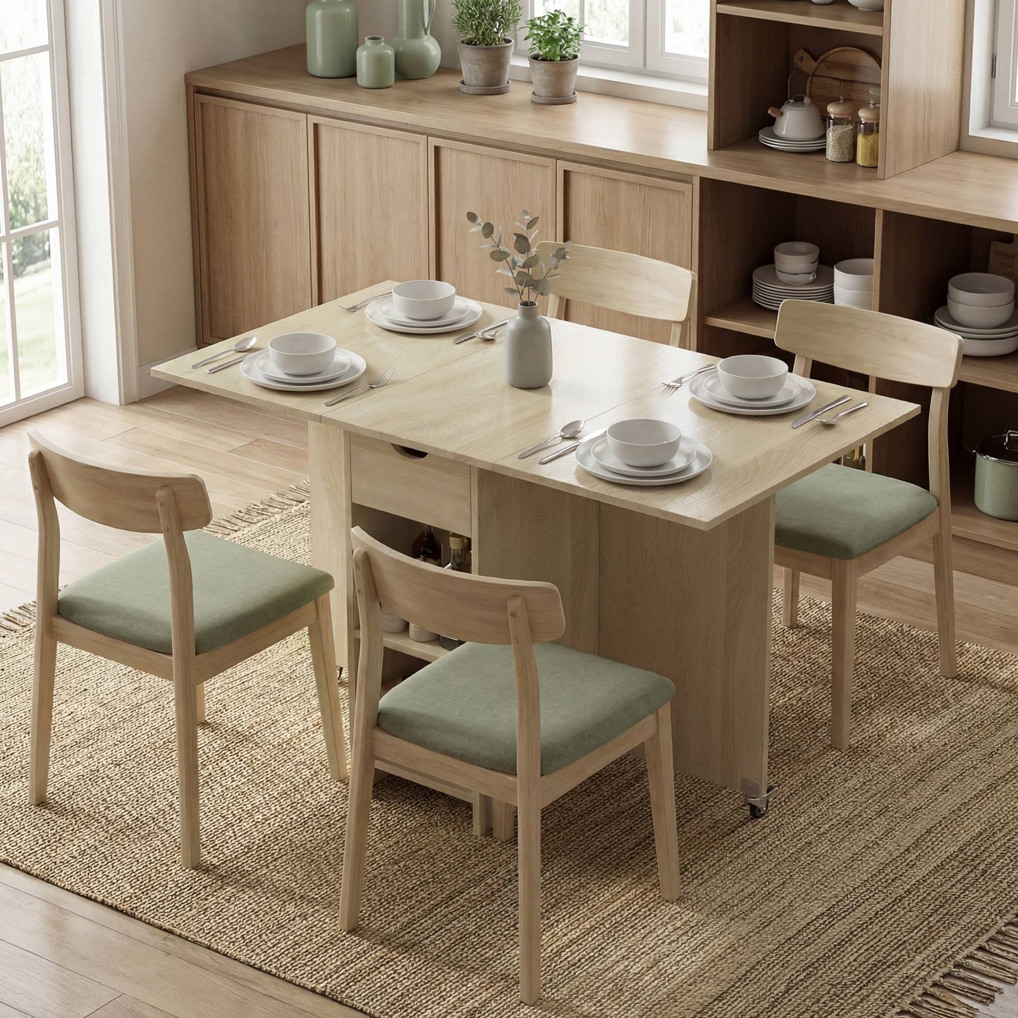 Table de salle à manger pliante 2 à 4 personnes, roulante avec compartiment et tiroir, gain de place, naturelle - Image 4