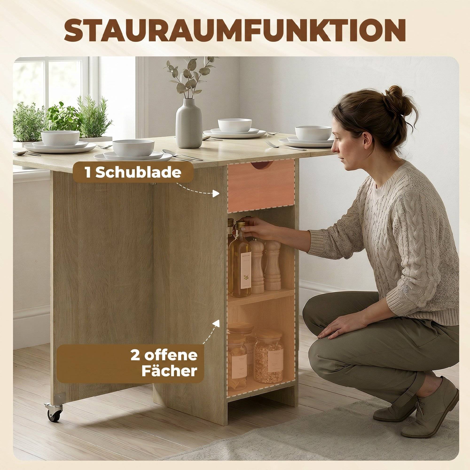 Table de salle à manger pliante 2 à 4 personnes, roulante avec compartiment et tiroir, gain de place, naturelle - Image 7