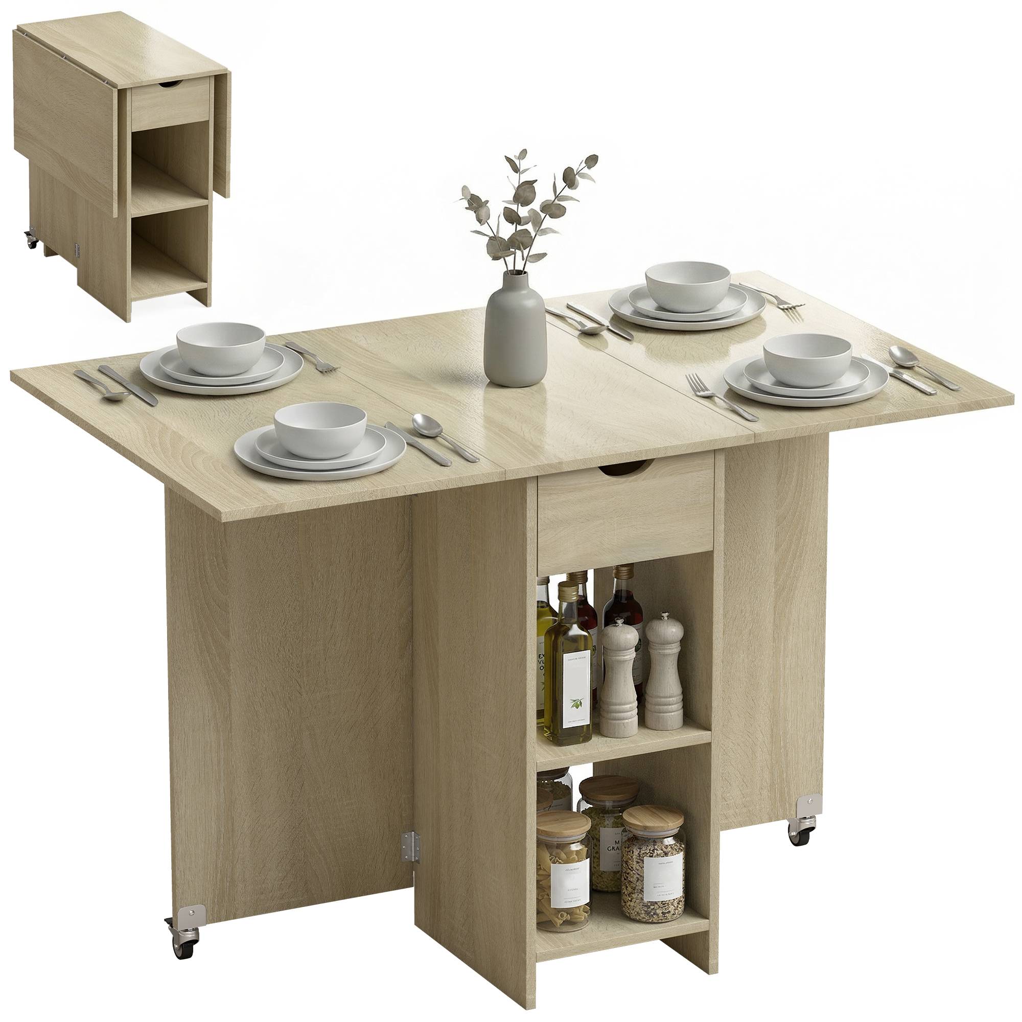 Table de salle à manger pliante 2 à 4 personnes, roulante avec compartiment et tiroir, gain de place, naturelle - Image 1