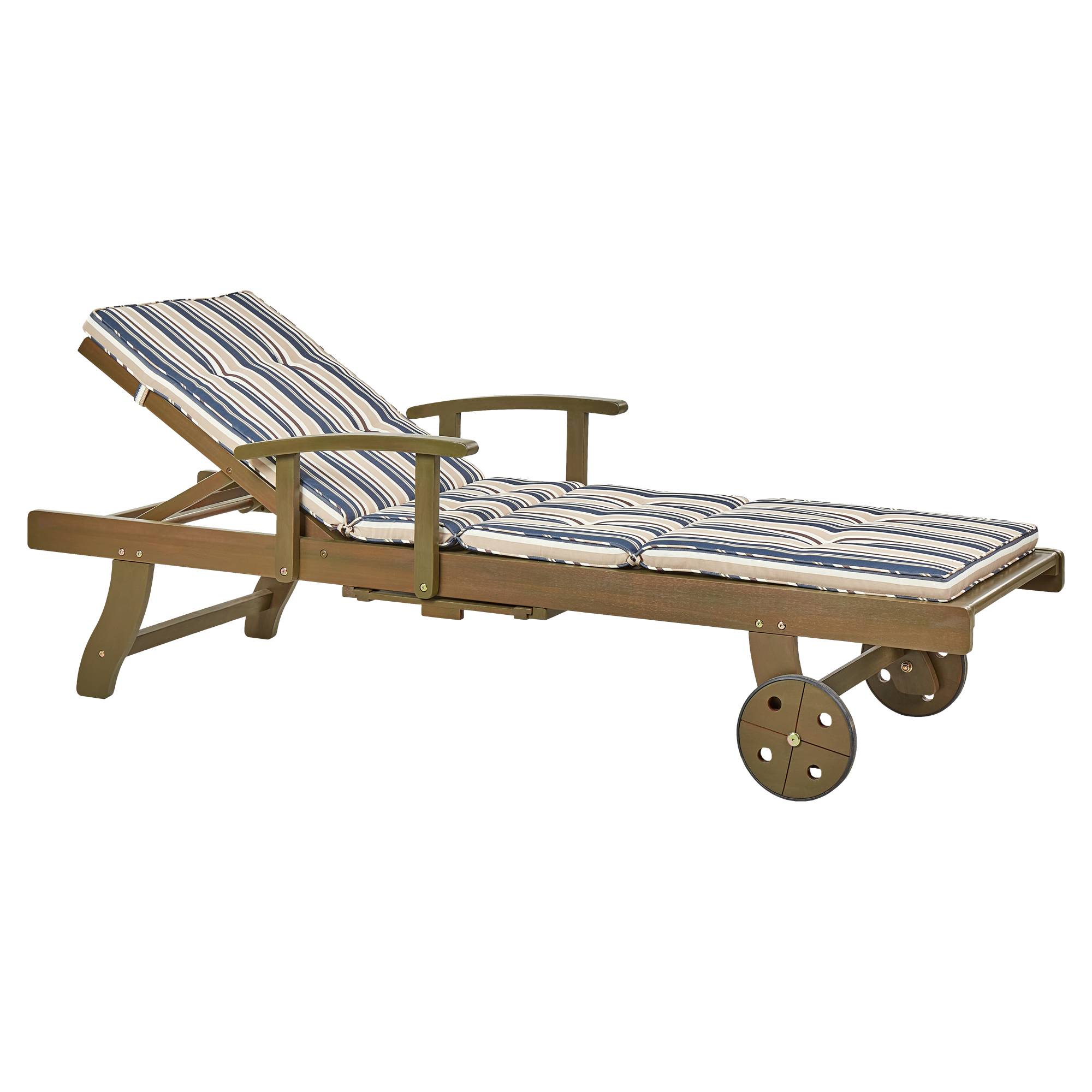Beliani - Chaise Longue en Bois d'Acacia Foncé à Roues Transat avec Siège Inclinable et Coussin Bleu Rayé pour Terrasse Style Campagne Rustique - Imagen 1