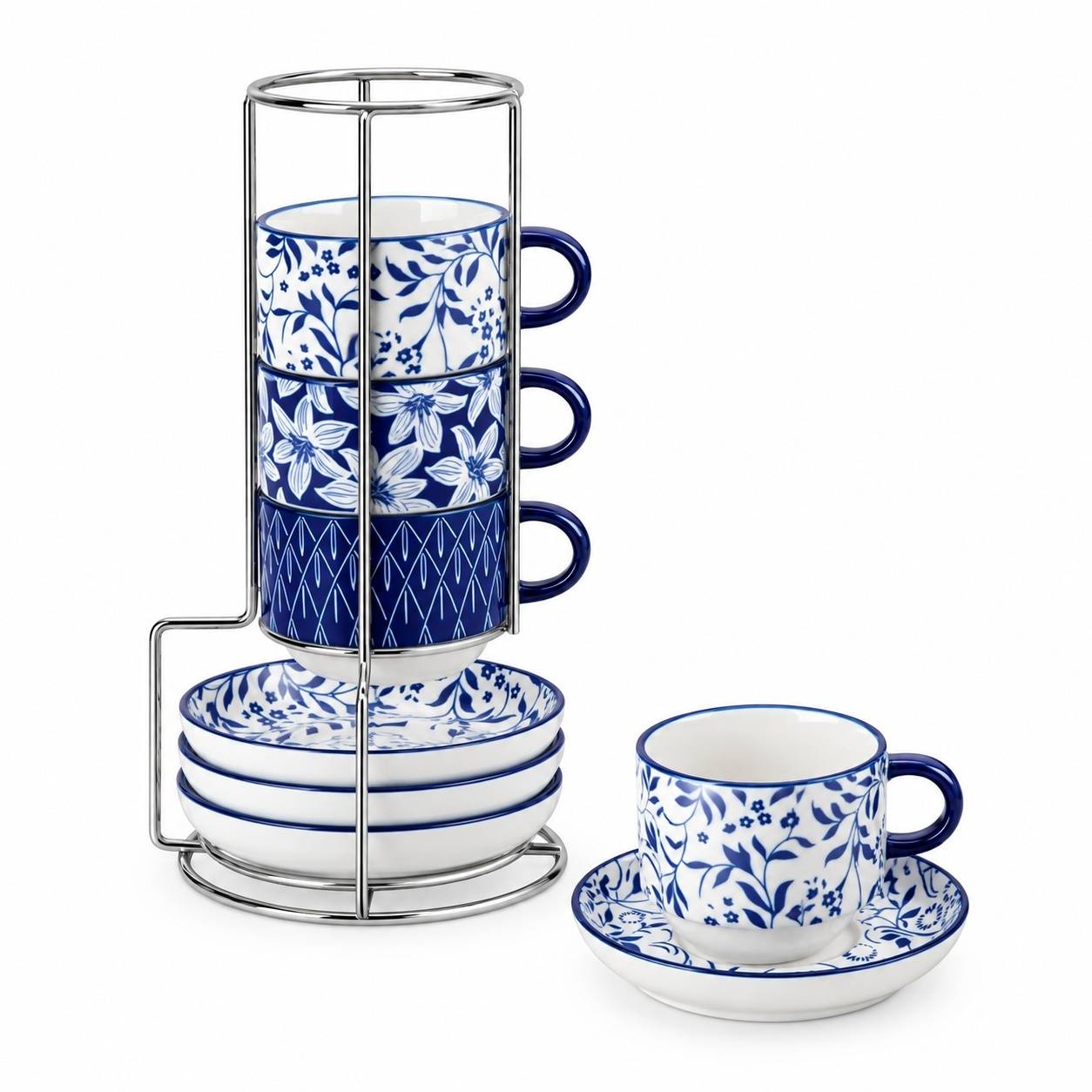 Set de 4 Tasses à Café Porcelaine avec Sous-tasses et Support - Image 1