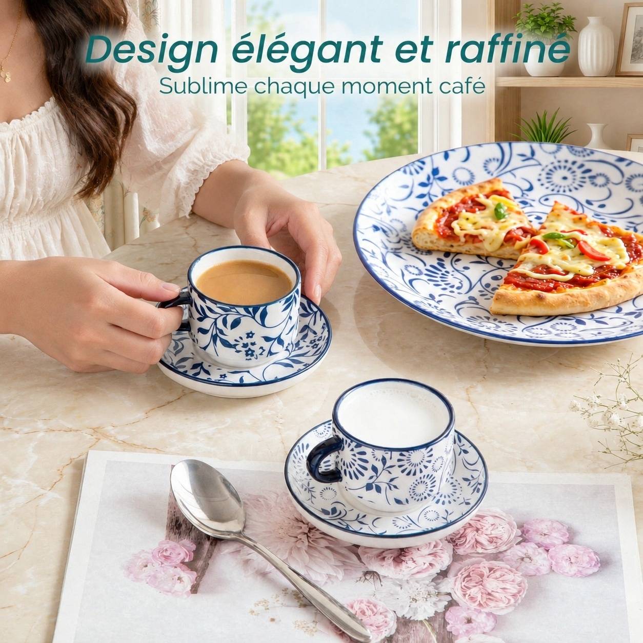 Set de 4 Tasses à Café Porcelaine avec Sous-tasses et Support - Image 5