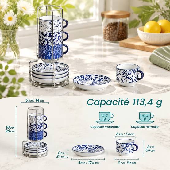 Set de 4 Tasses à Café Porcelaine avec Sous-tasses et Support - Image 2
