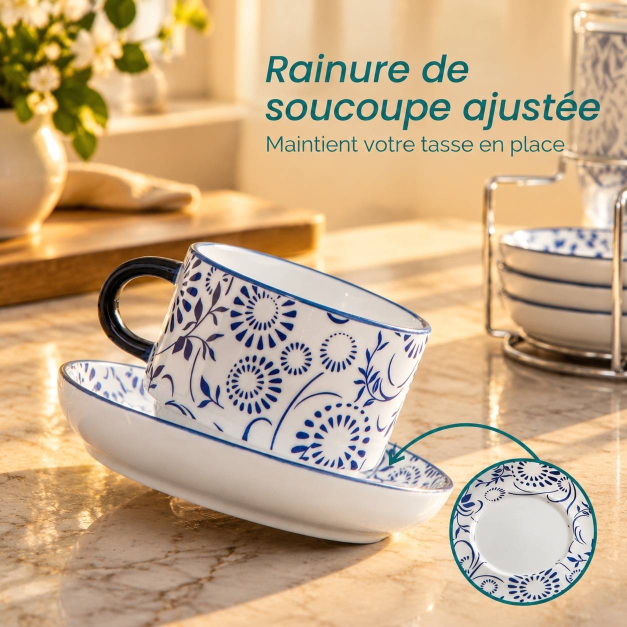 Set de 4 Tasses à Café Porcelaine avec Sous-tasses et Support - Image 4