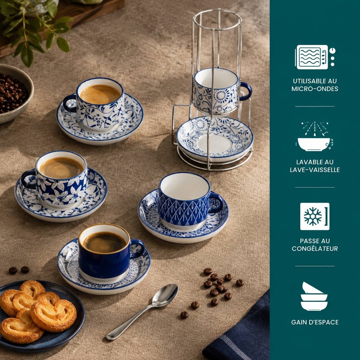 Set de 4 Tasses à Café Porcelaine avec Sous-tasses et Support - Image 3
