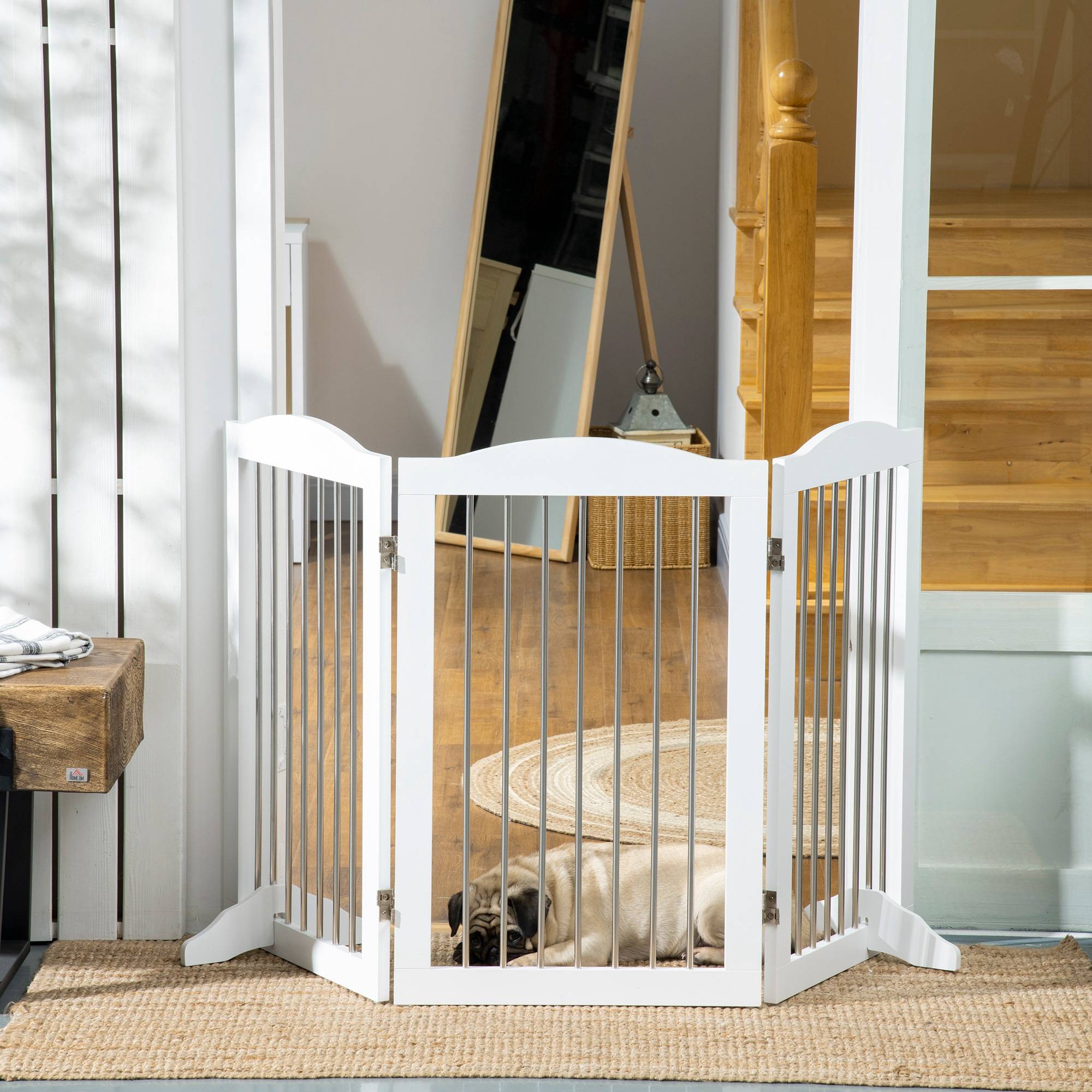 Barrière de sécurité pour chien pour escaliers et portes, pliable avec pieds de support, 154 x 30 x 80 cm, blanche - Image 4