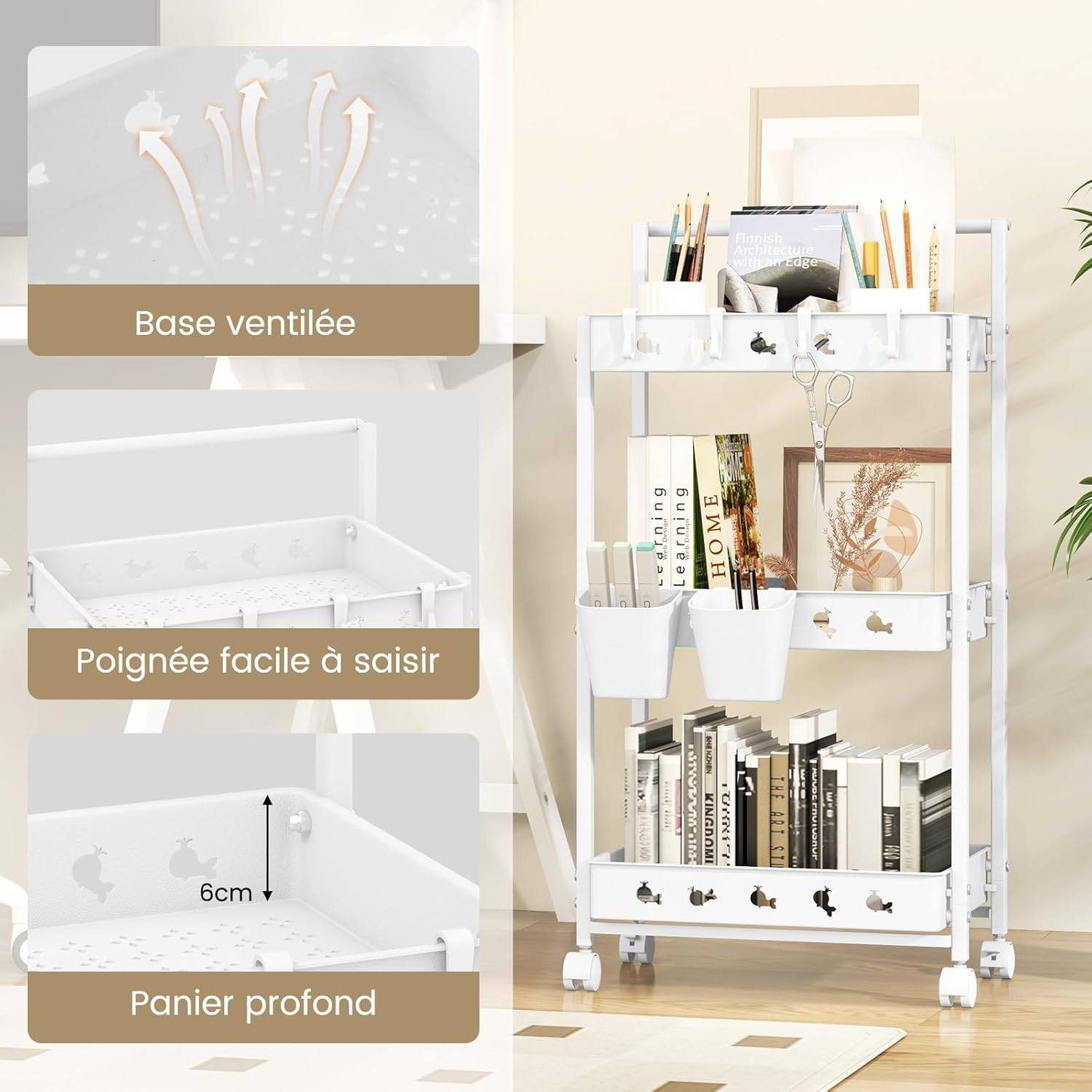 Chariot de rangement à 4 étages en acrylique transparent avec roues verrouillables pour l'organisation de la salle de bain et de la cuisine