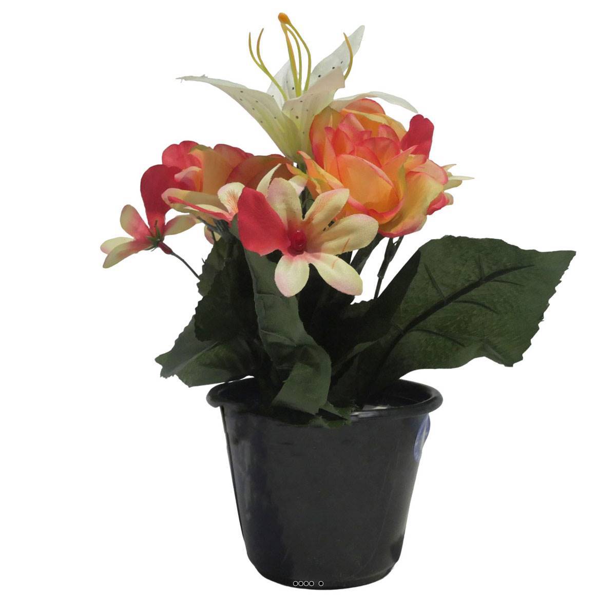Artificielles - Pot pour cimetière de bouton de Rose, Orchidée et Lys artificiels Orange- Toussaint - couleur: Orange - Imagen 1