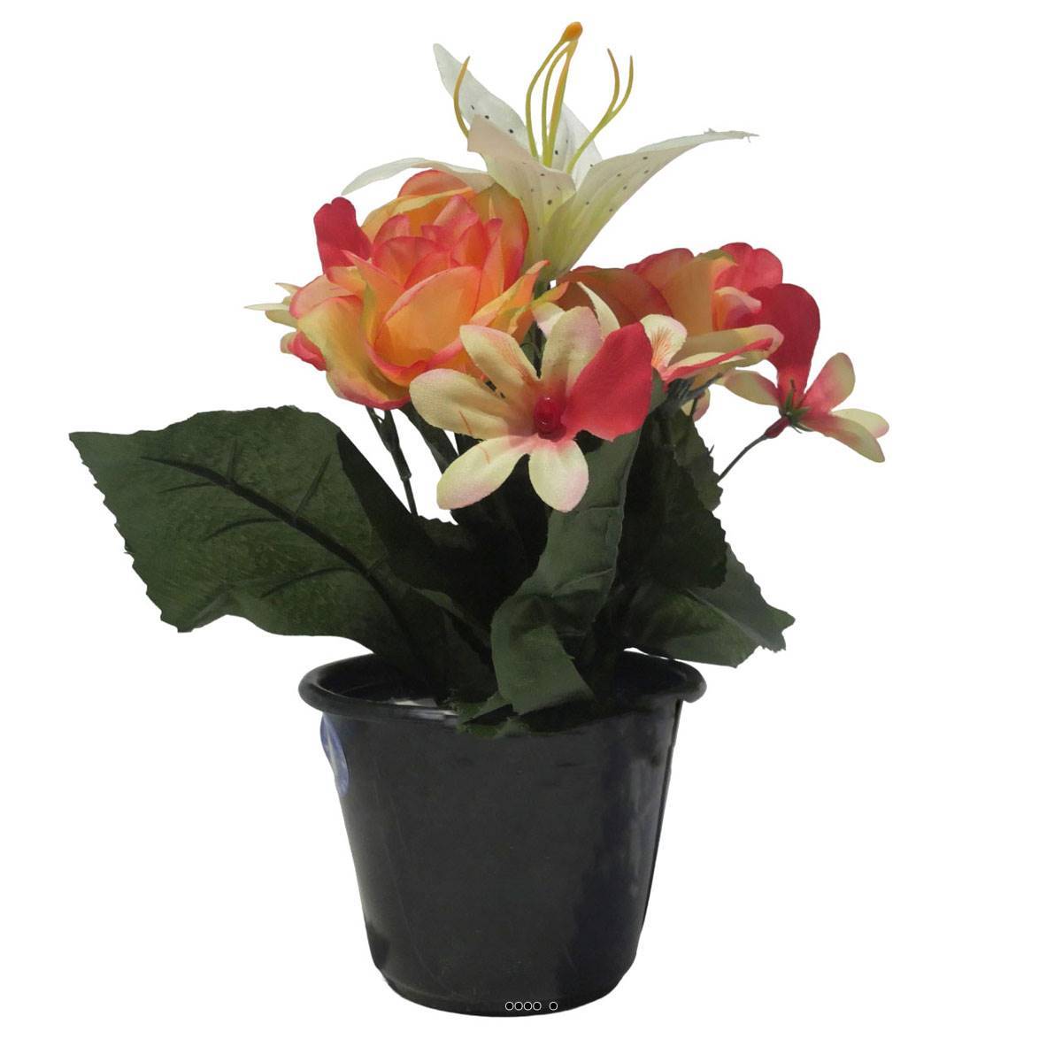 Artificielles - Pot pour cimetière de bouton de Rose, Orchidée et Lys artificiels Orange- Toussaint - couleur: Orange - Imagen 2