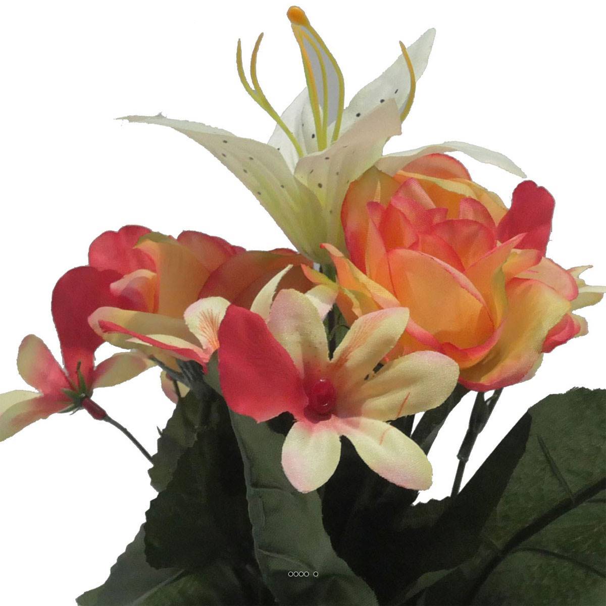 Artificielles - Pot pour cimetière de bouton de Rose, Orchidée et Lys artificiels Orange- Toussaint - couleur: Orange - Imagen 3