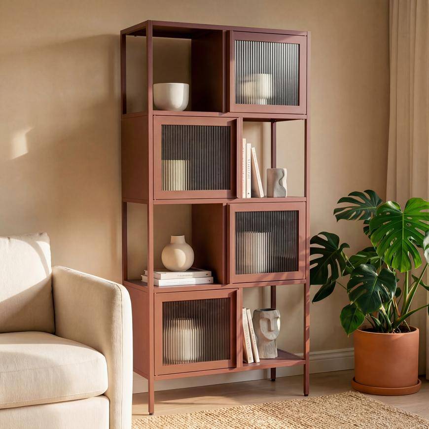 Sicaan Etagère métal H.170 cm 4 portes 4 niches terracotta et verre cannelé KIARA