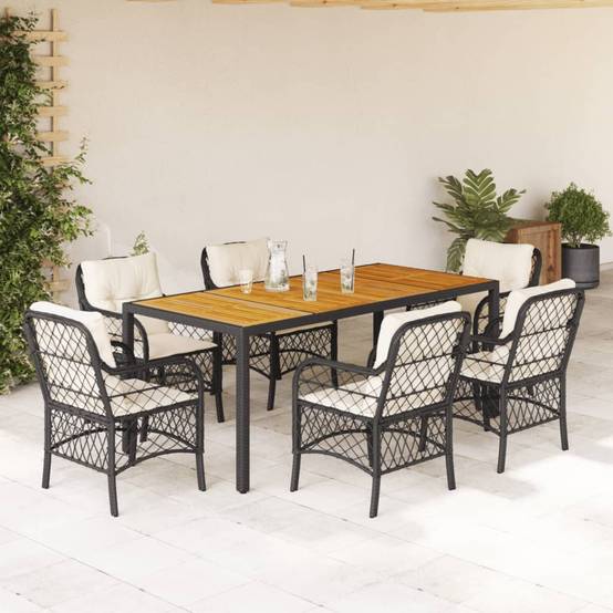 Table et Chaises de Jardin 6 Personnes Résine Noire Plateau Bois Acacia 190cm – ComfortXL Outdoor Living - Image 1