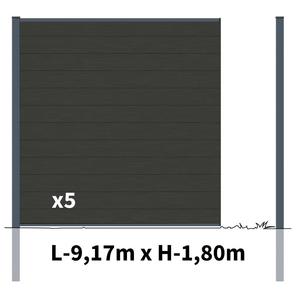 Kit Clôture Bois Composite Anthracite 9x1,8m RIO - Poteaux en Aluminium Gris - Brise Vue - Palissade - Imagen 2