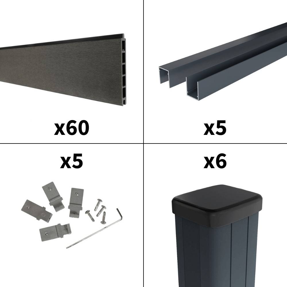 Kit Clôture Bois Composite Anthracite 9x1,8m RIO - Poteaux en Aluminium Gris - Brise Vue - Palissade - Imagen 3