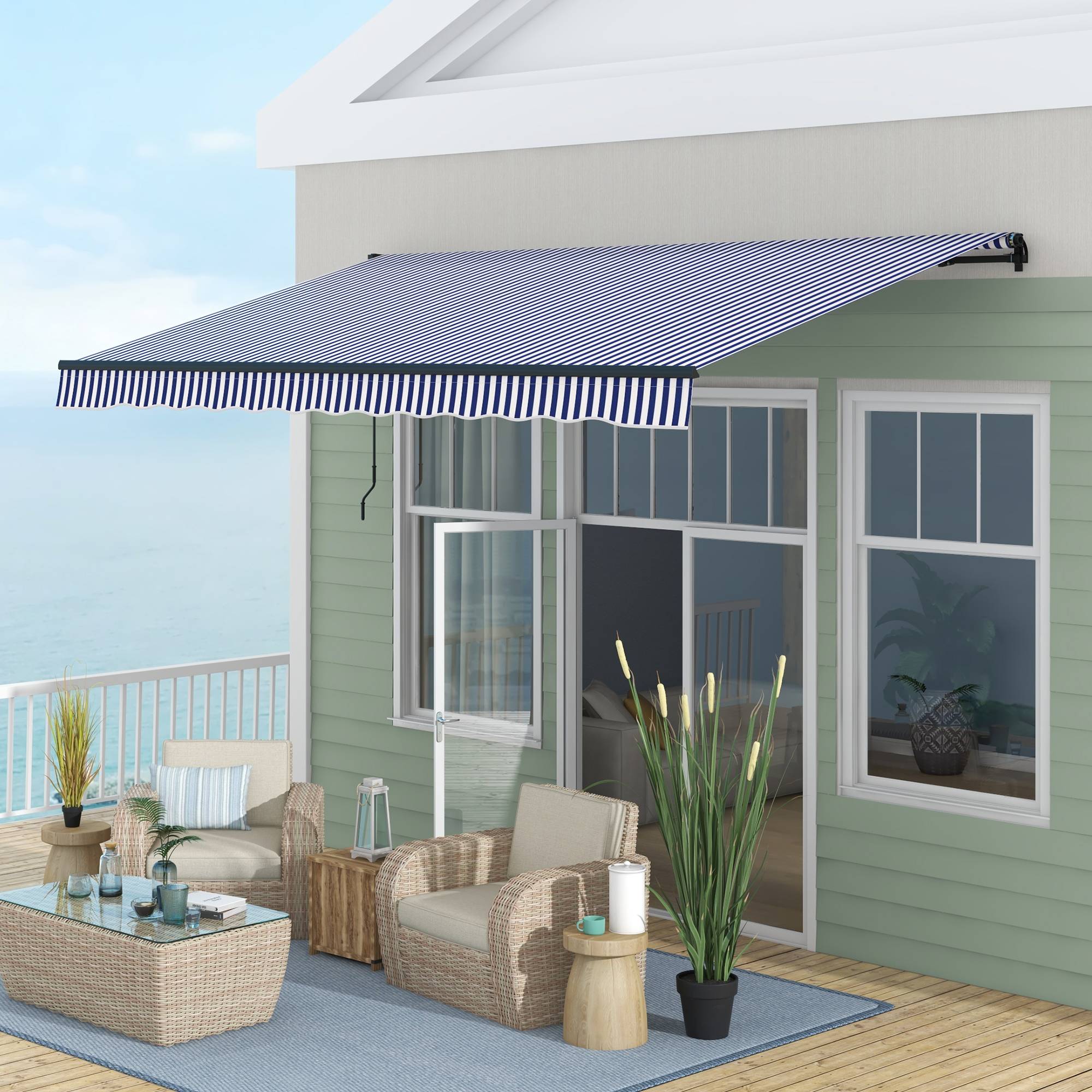 Sans Marque - Store banne, store de terrasse, avec manivelle, résistant aux intempéries, 400 cm x 300 cm, bleu et blanc - Image 4