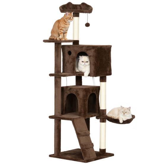Arbre à Chat Grande Hauteur en Peluche avec Niches Hamac et Griffoirs 160 cm Marron - ComfortXL Outdoor Living - Image 1