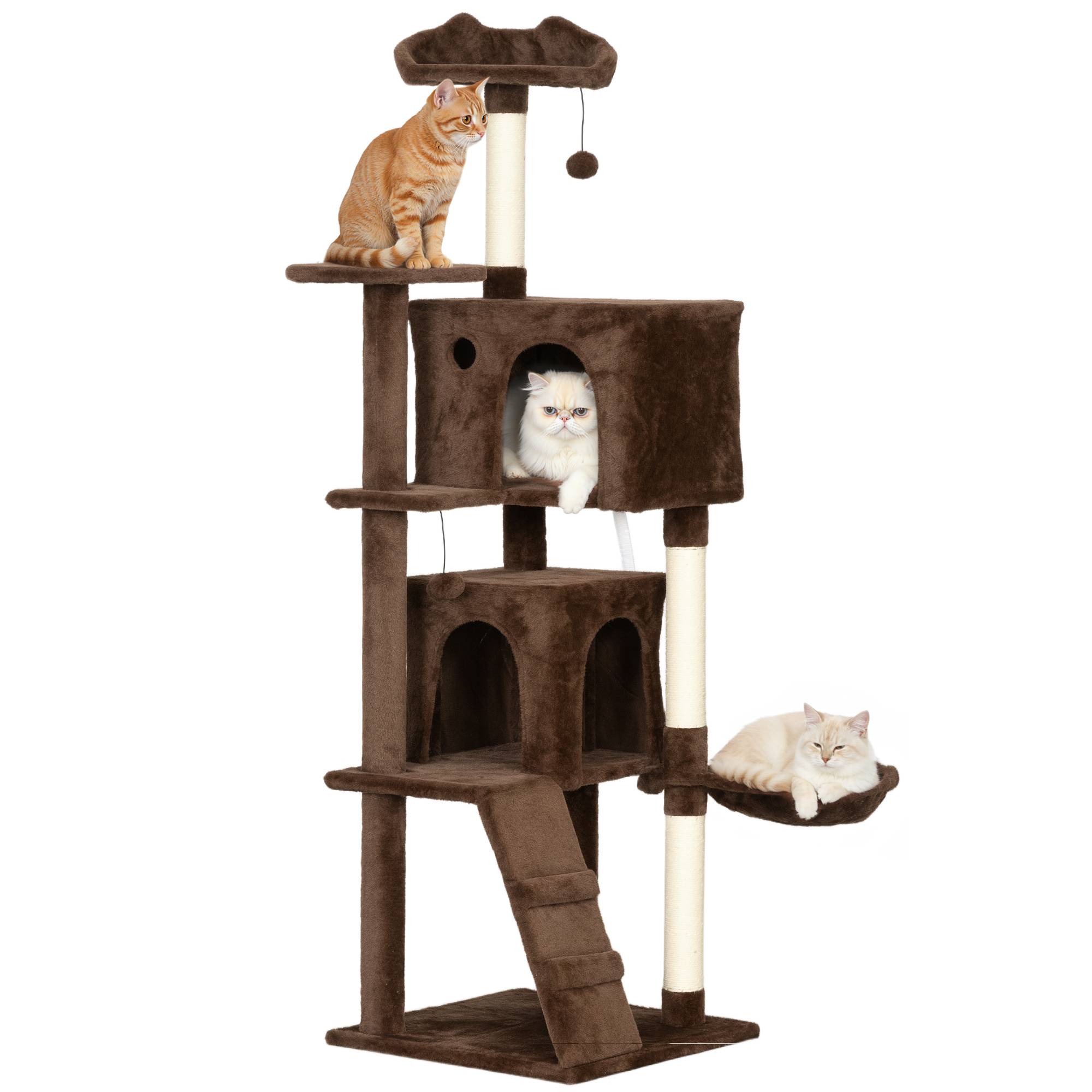 Arbre à Chat Grande Hauteur en Peluche avec Niches Hamac et Griffoirs 160 cm Marron - ComfortXL Outdoor Living - Image 1