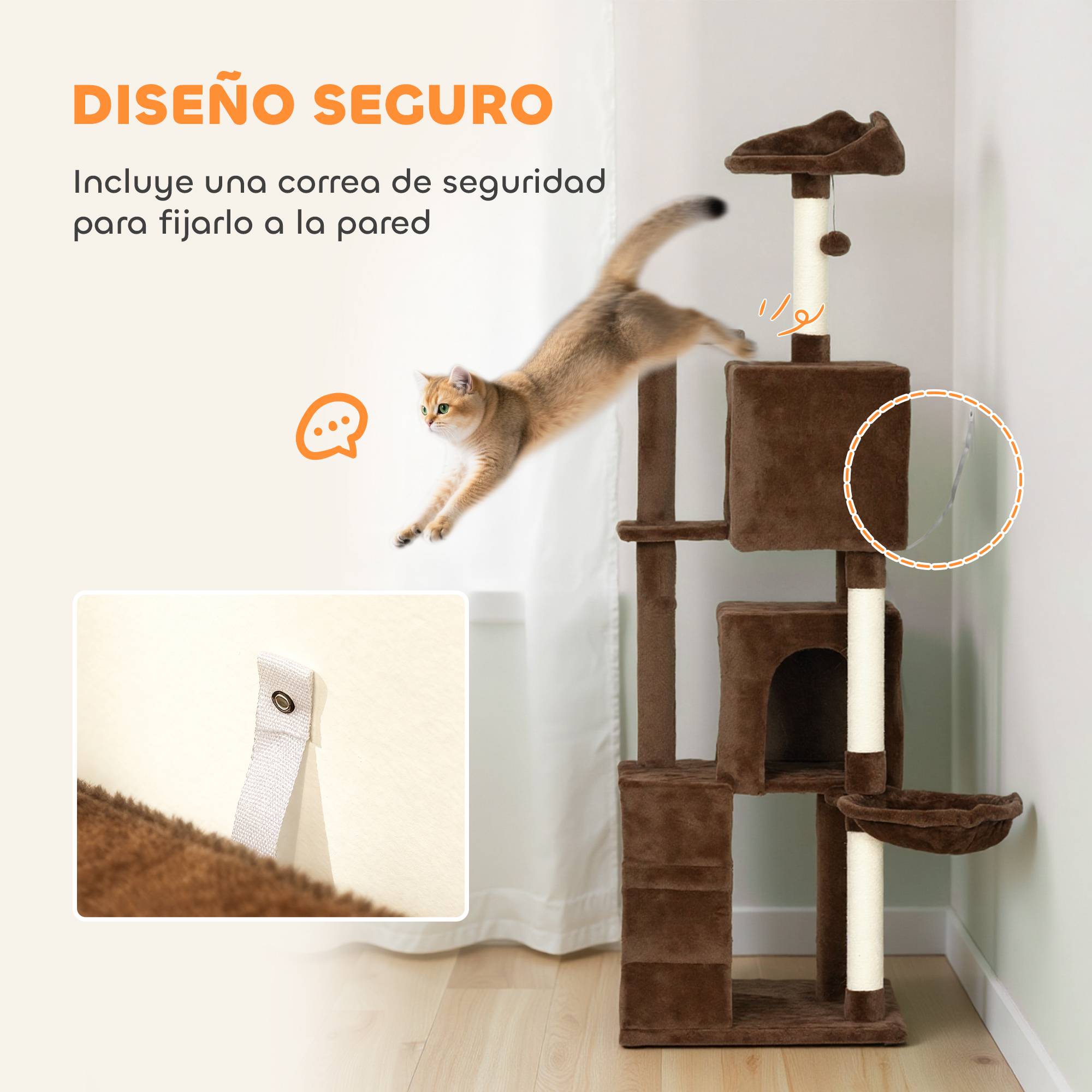 Arbre à Chat Grande Hauteur en Peluche avec Niches Hamac et Griffoirs 160 cm Marron - ComfortXL Outdoor Living - Image 8