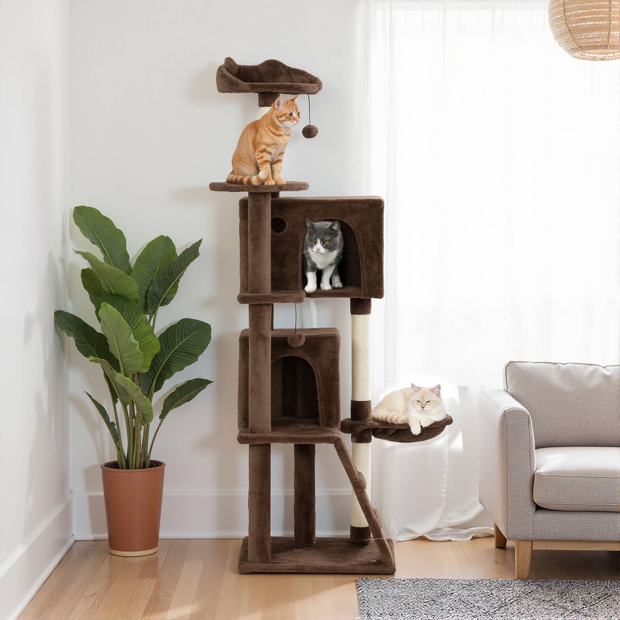 Arbre à Chat Grande Hauteur en Peluche avec Niches Hamac et Griffoirs 160 cm Marron - ComfortXL Outdoor Living - Image 4