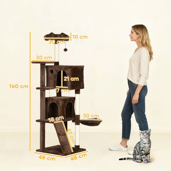 Arbre à Chat Grande Hauteur en Peluche avec Niches Hamac et Griffoirs 160 cm Marron - ComfortXL Outdoor Living - Image 5