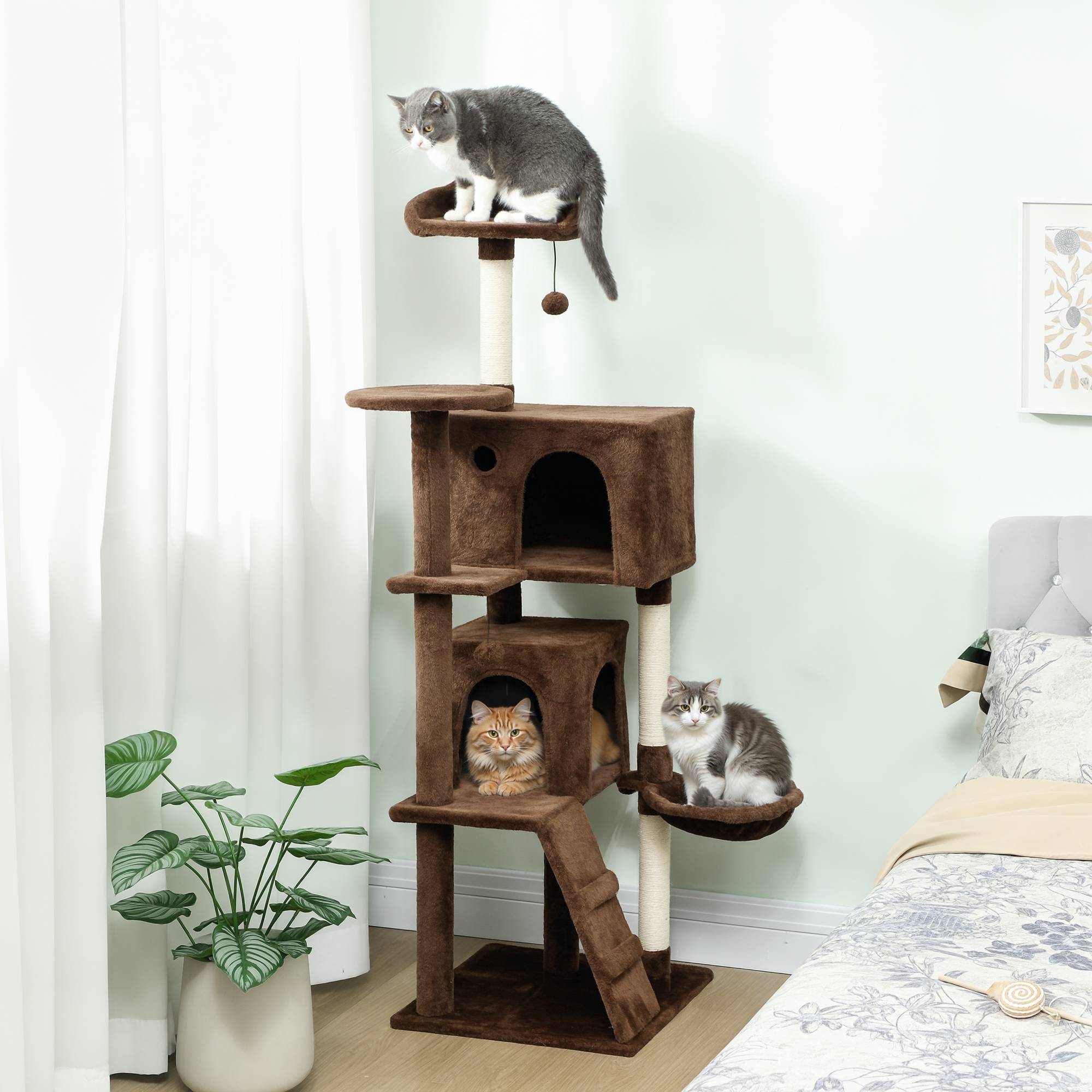 Arbre à Chat Grande Hauteur en Peluche avec Niches Hamac et Griffoirs 160 cm Marron - ComfortXL Outdoor Living - Image 3