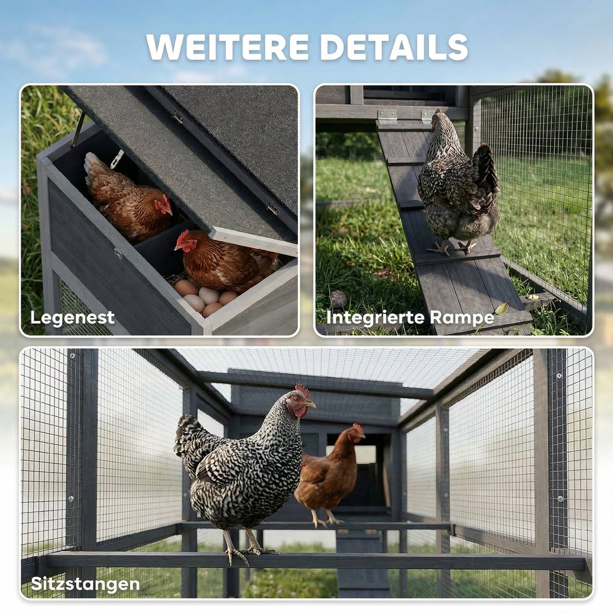 Poulailler pour 3 à 4 poules avec enclos, pondoir, toit en asphalte, bâche Oxford, tiroir coulissant, 264 x 82 x 89 cm, gris - Image 10