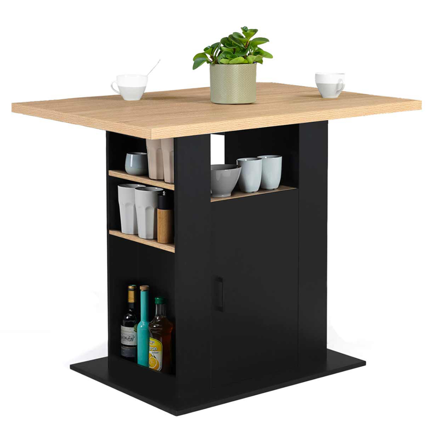 Ilot central UGO 110 cm bois noir et imitation hêtre avec rangements - Image 1