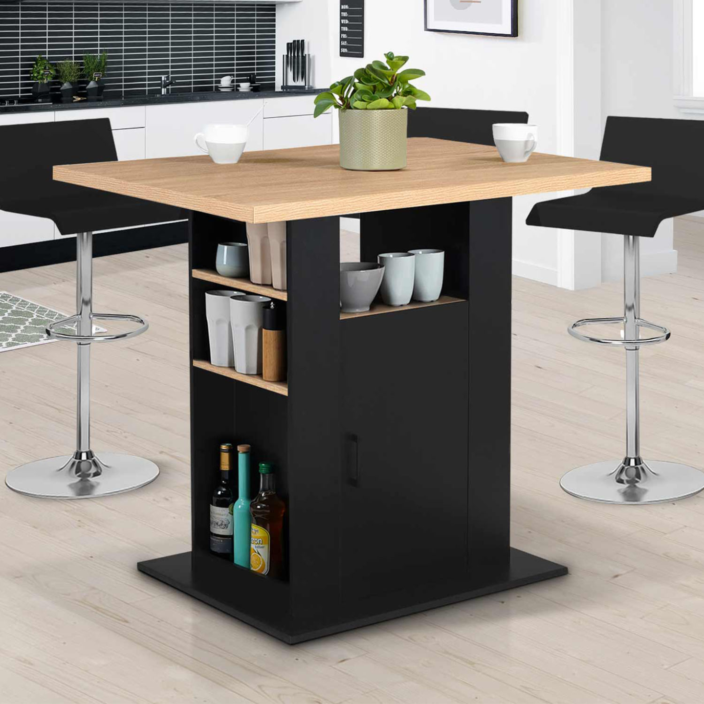 Ilot central UGO 110 cm bois noir et imitation hêtre avec rangements - Image 2