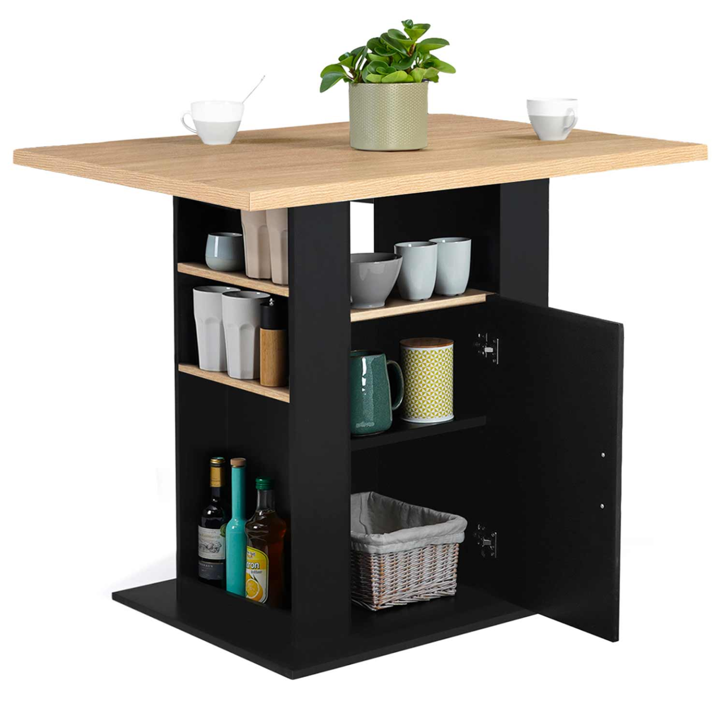 Ilot central UGO 110 cm bois noir et imitation hêtre avec rangements - Image 4